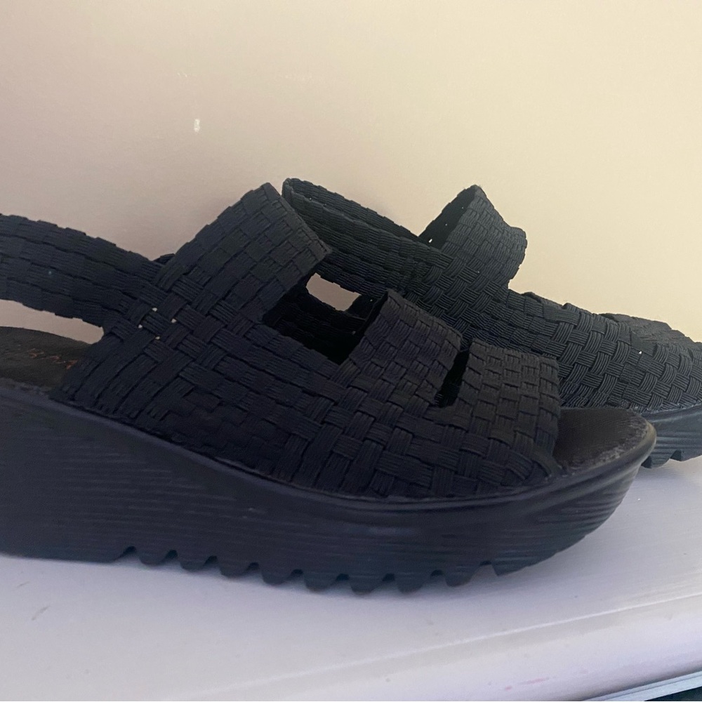 bernie mev. Black Woven Wedge Sandals
